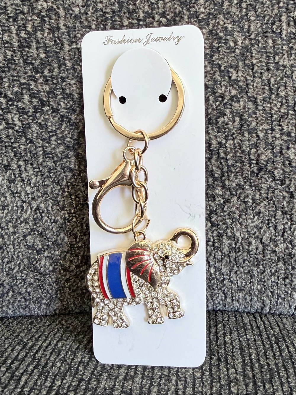 Crystal Elephant Keychain with Red and Blue Enamel Accents